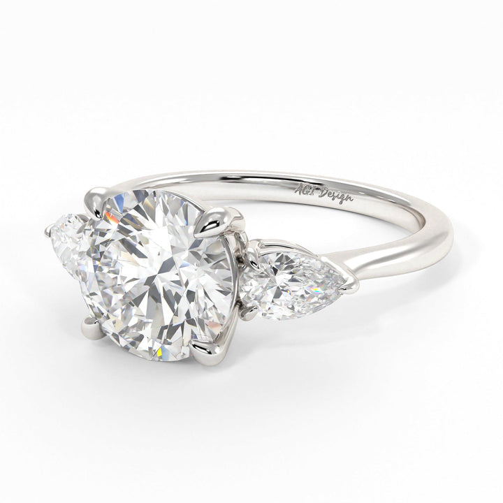 AGI Design Leah Round Moissanite with Pear Shape Lab Diamonds Engagement Ring