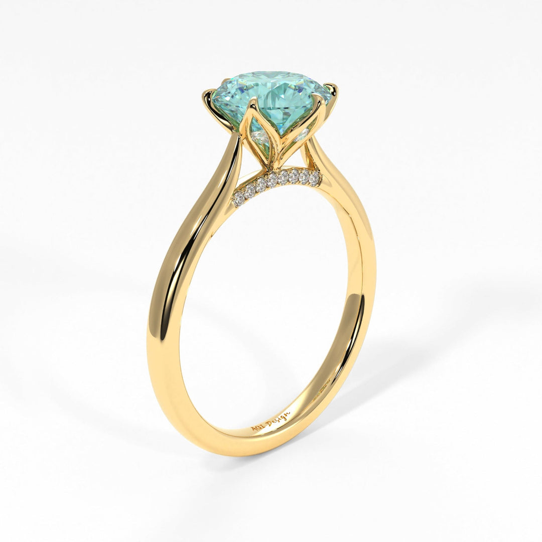 AGI Design Nora Round Aqua-Teal Moissanite Tulip Engagement Ring
