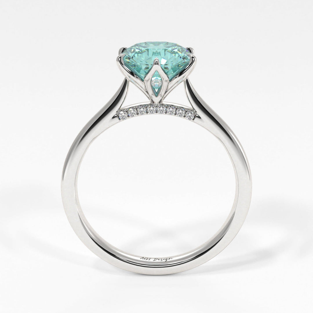 AGI Design Nora Round Aqua-Teal Moissanite Tulip Engagement Ring