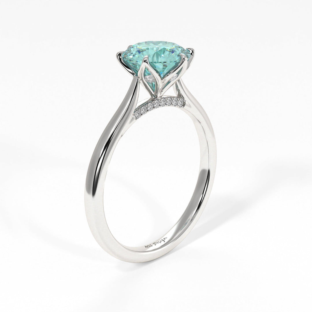 AGI Design Nora Round Aqua-Teal Moissanite Tulip Engagement Ring