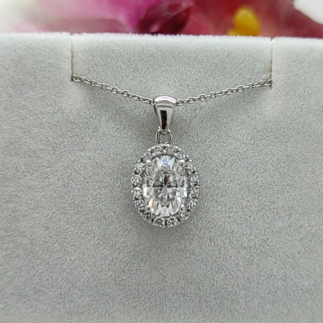 AGI Design Ready to Ship  1.5ct Oval Moissanite & Diamond Pendant in White Gold