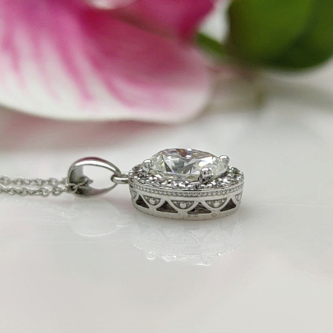 AGI Design Ready to Ship  1.5ct Oval Moissanite & Diamond Pendant in White Gold