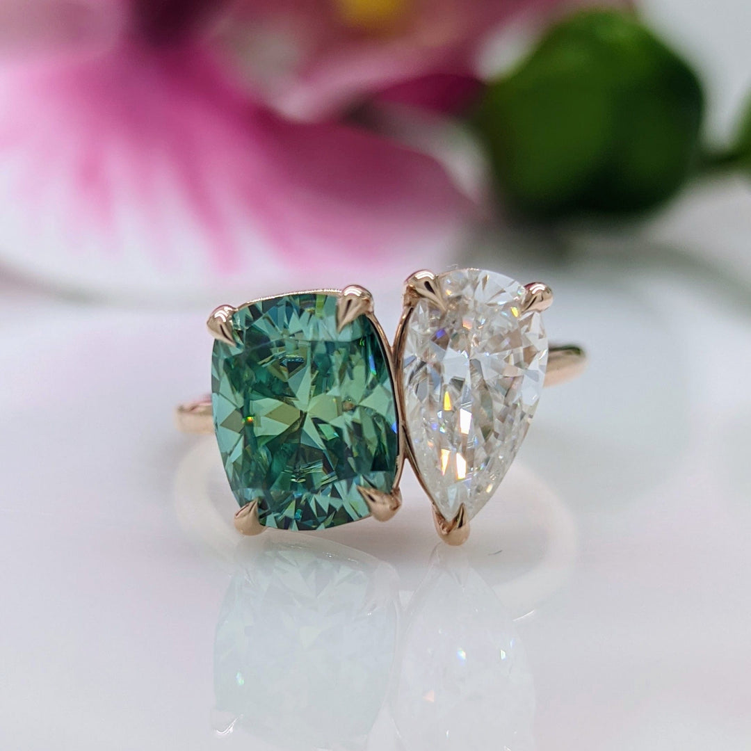 AGI Design Ready to Ship  3.3ct Aqua-Teal Cushion And 2.2ct Pear Moissanites Engagement Ring/ Toi Et Moi Ring