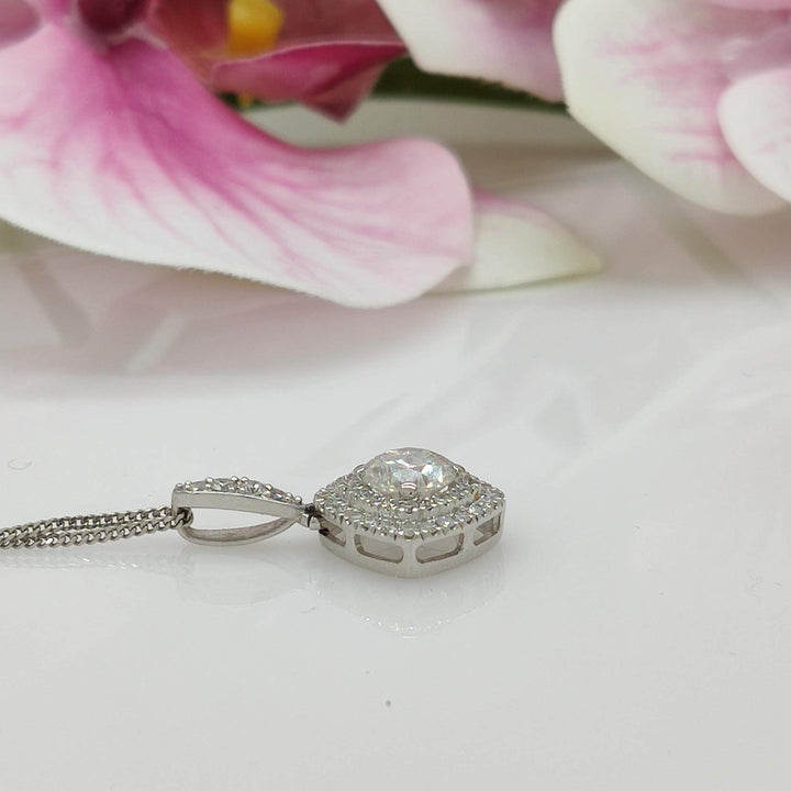 AGI Design Ready to Ship  Double Halo 1ct Round Moissanite & Diamonds Pendant