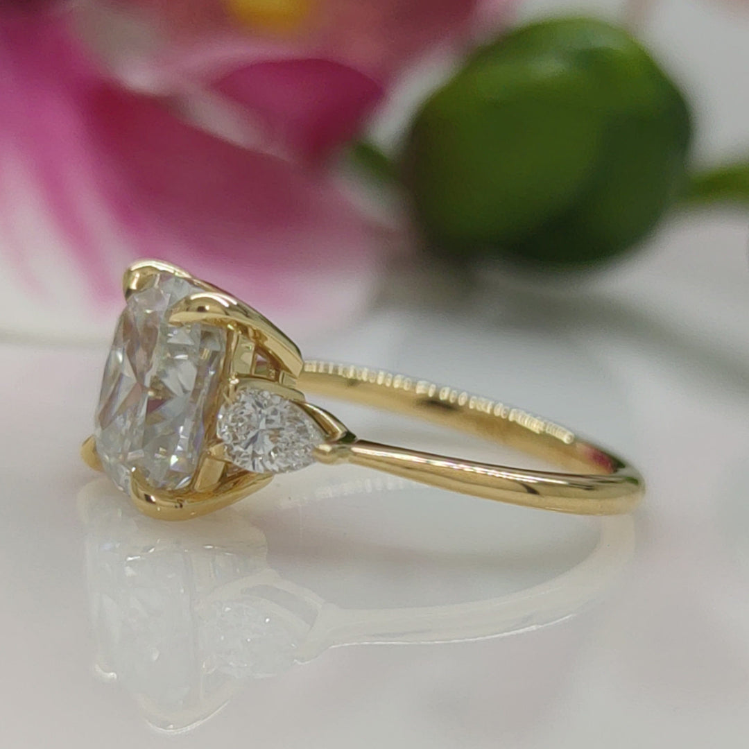 AGI Design Ready to Ship  Leah 3ct. Cushion Cut Moissanite with Pear Shape Lab Diamonds Engagement Ring