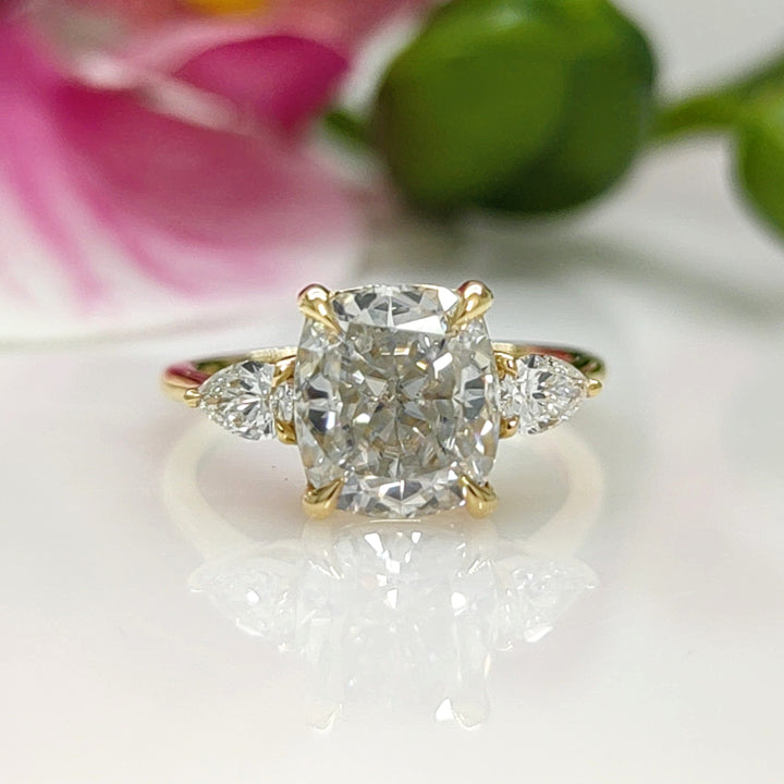 AGI Design Ready to Ship  Leah 3ct. Cushion Cut Moissanite with Pear Shape Lab Diamonds Engagement Ring