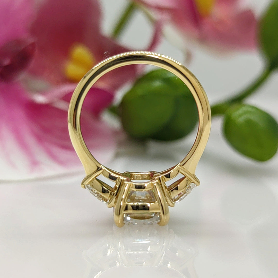 AGI Design Ready to Ship  Leah 3ct. Cushion Cut Moissanite with Pear Shape Lab Diamonds Engagement Ring