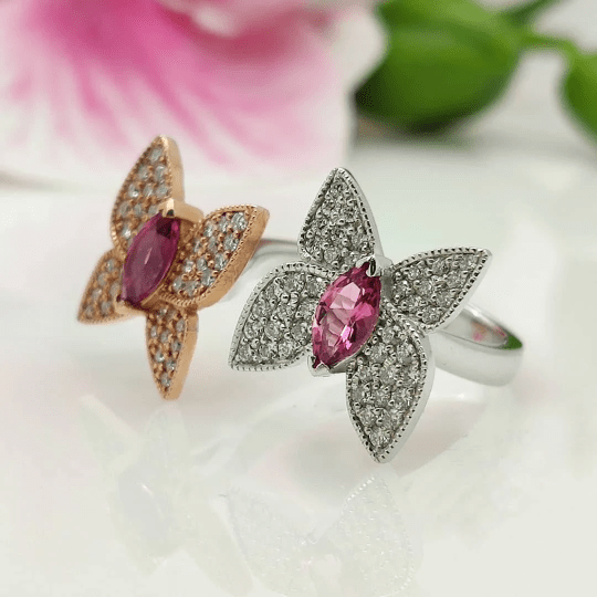AGI Design Ready to Ship  Pink Tourmaline Butterfly Ring with Diamonds