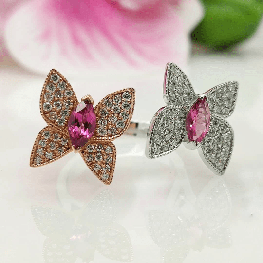 AGI Design Ready to Ship  Pink Tourmaline Butterfly Ring with Diamonds
