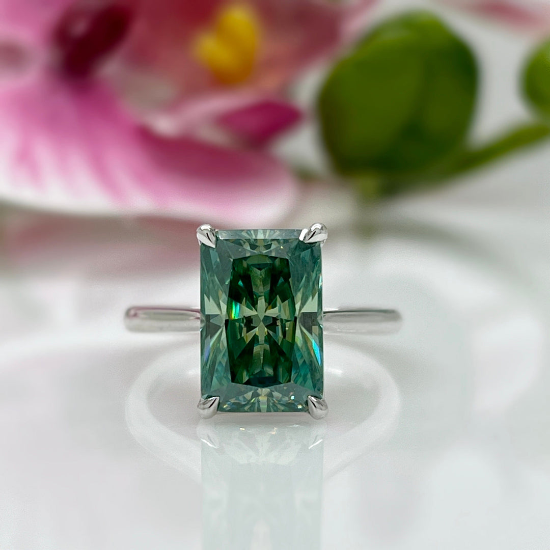AGI Design Rings Ready to Ship  5.3ct Aqua-Teal Radiant Moissanite Engagement Ring