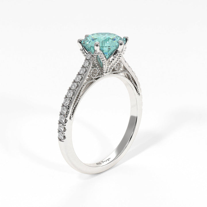AGI Design Zoe Round Aqua-Teal Moissanite Engagement Ring