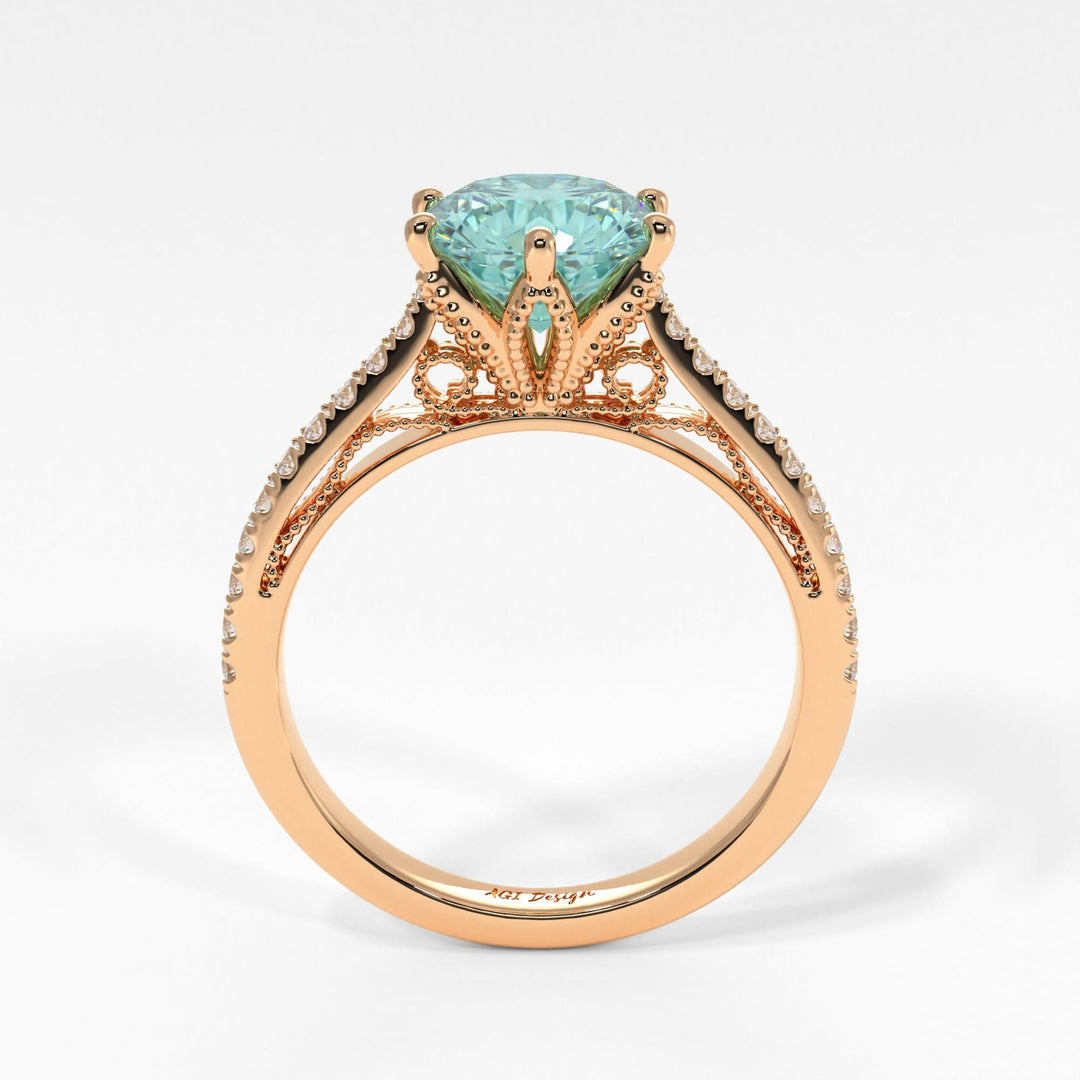AGI Design Zoe Round Aqua-Teal Moissanite Engagement Ring