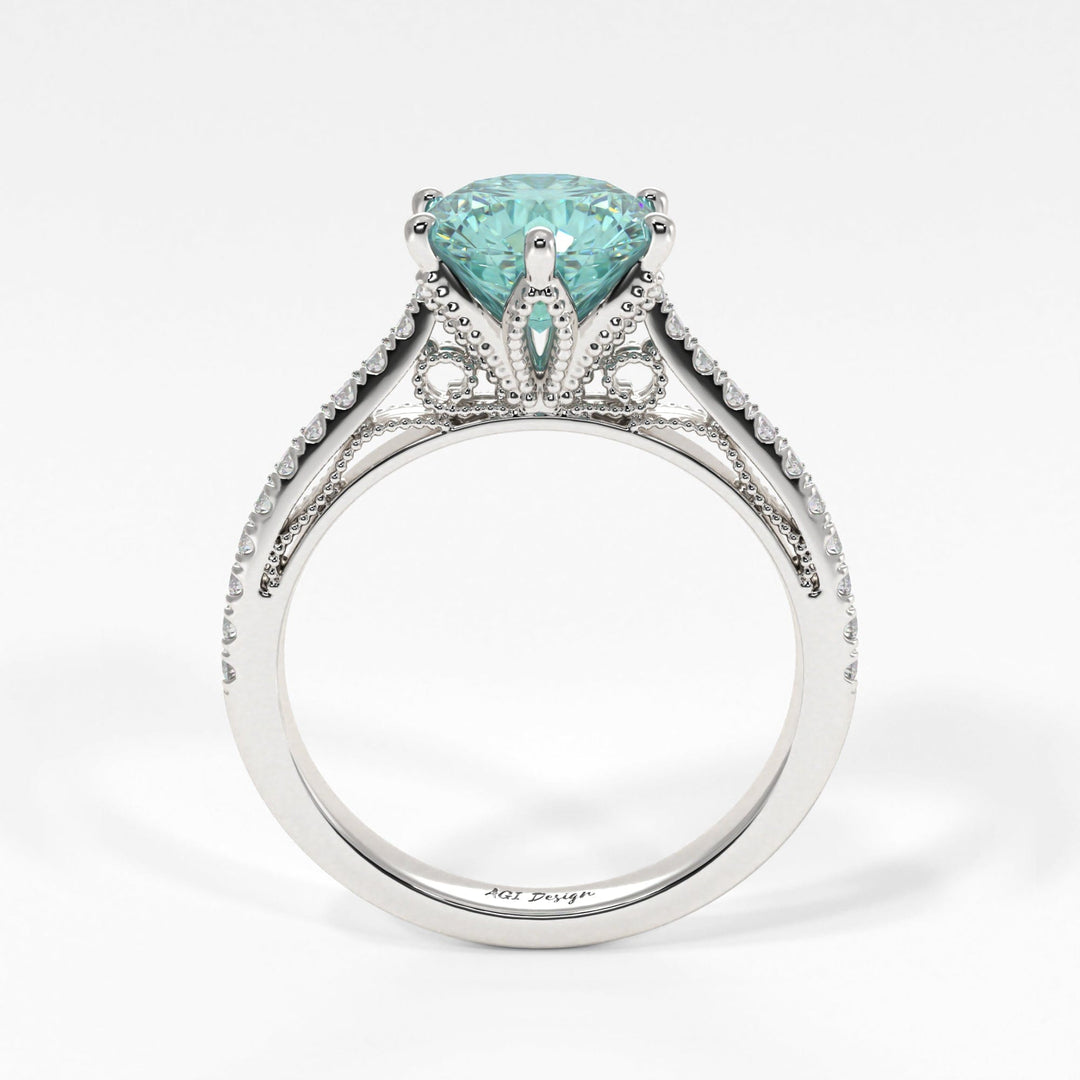 AGI Design Zoe Round Aqua-Teal Moissanite Engagement Ring