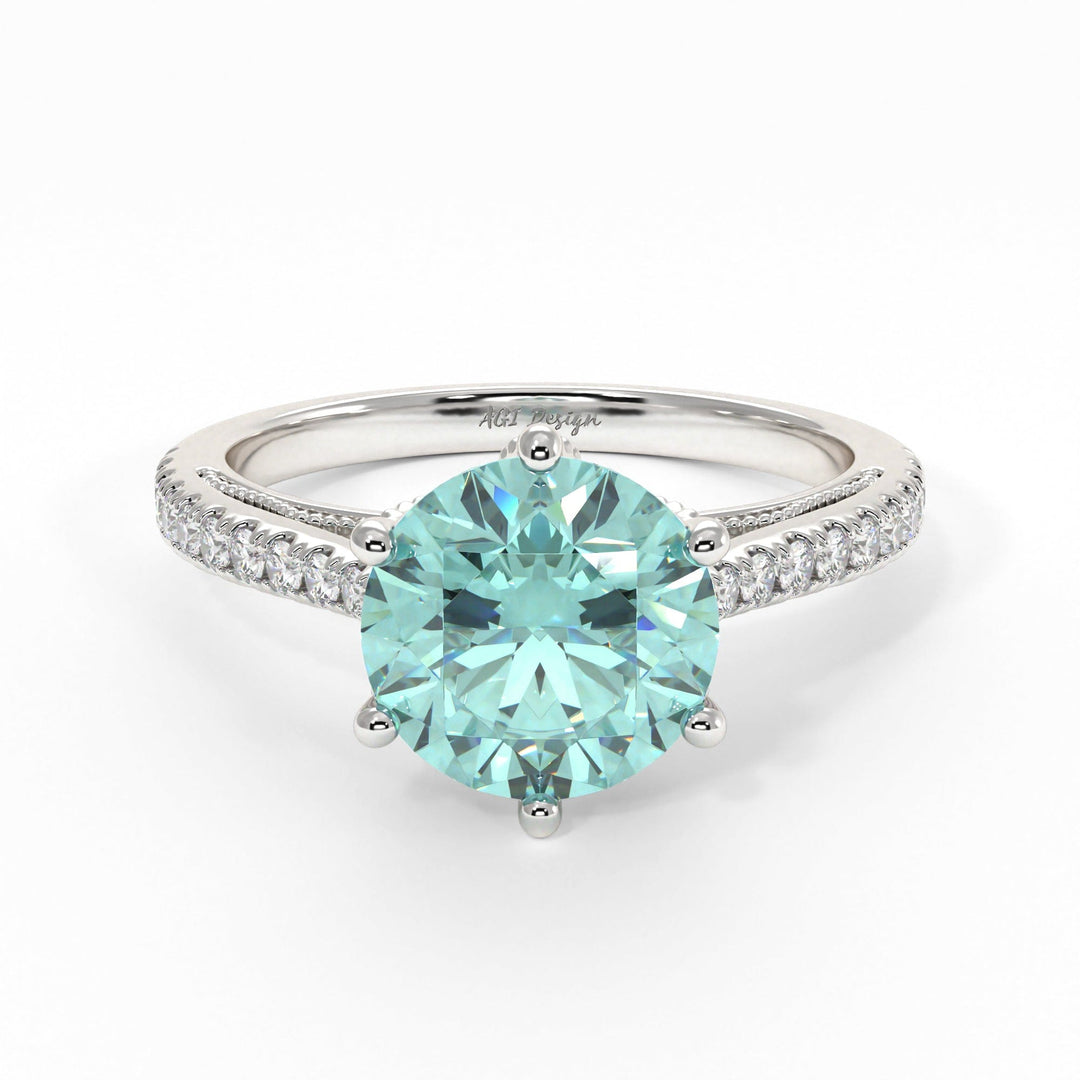 AGI Design Zoe Round Aqua-Teal Moissanite Engagement Ring