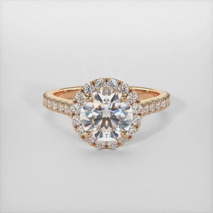 Emily round moissanite engagement ring/AGI Design/ In gold or platinum, this ring has a delicate halo surrounding the center moissanite, along with a small hidden or "collar" halo underneath the center to add a little detail and a unique look. The main stone is a Round  Colorless Moissanite and accent stones are lab-created diamonds.